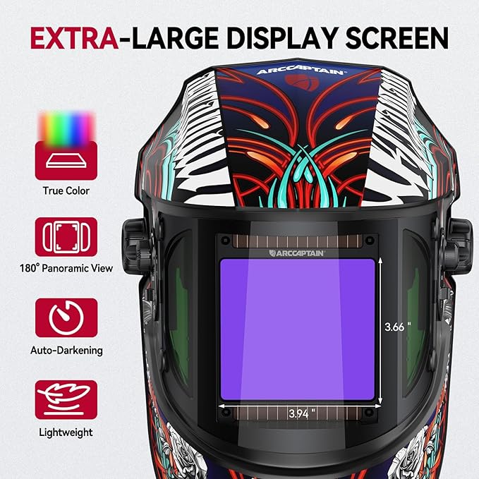 ARCCAPTAIN Auto Darkening Welding Helmet with Side View, 180째 Panoramic View, 1/1/1/1 True Color Large Viewing Welding Hood with 4 Arc Sensor Solar Powered, Wide Shade 4/5-9/9-13 for TIG MIG ARC CUT