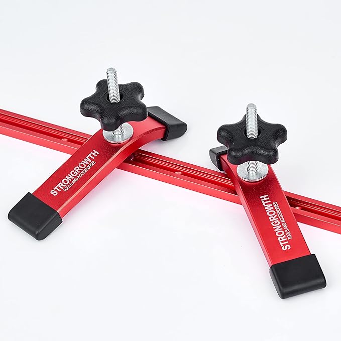 STRONGROWTH T track Hold Down Clamps - Double Cut Profile Universal T-Track Clamps, 6-3/8"L x 1-1/4"W -Woodworking and t slot clamp - Fine Sandblast Anodized - Red Color-2PK