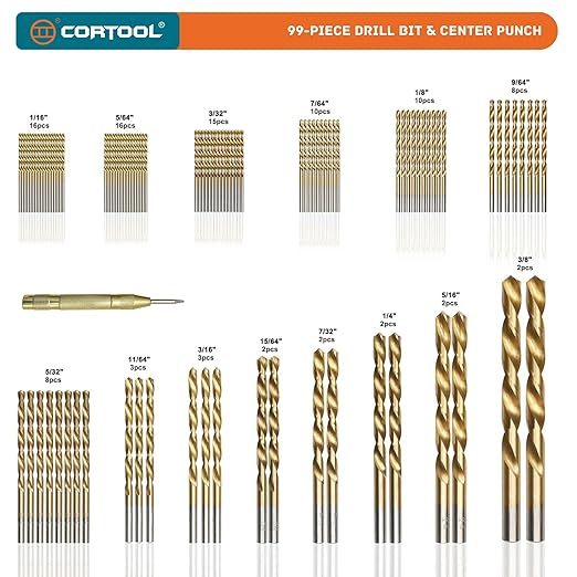 Drill Bit Set, 99-Piece Metal Drill Bits, High Speed Steel Titanium HSS Twist Drill Bits Set with Storage Case & Center Punch for Wood/Steel/Aluminum/Plastic/Fiberglass Size, 1/16 to 3/8 Inch