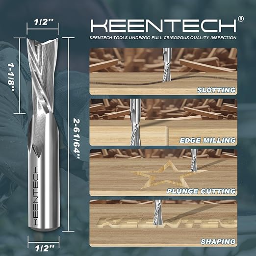 KEENTECH 1/2" Shank Downcut 2 Flute Flat Tip Sprial Router Bit for CNC Router Machine, 1/2" Cutting Diameter, 1-1/8" Cutting Depth, for Wood Cutting, Custom Furniture, Slot Mortise, Engraving