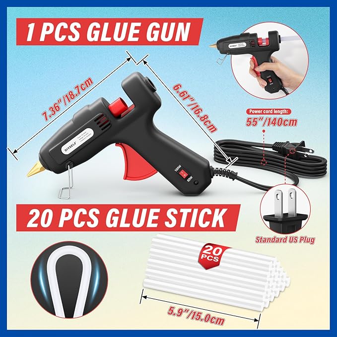 DIYSELF Hot Glue Gun, Full Size, 1 PCS Glue Gun with 20 Glue Sticks, Glue Gun and Sticks Set, Hot Glue Gun Kit for Crafts, Fabric, Woodworking, Craft Glue Guns, Heavy Duty Glue Gun, 60/100W(Black）