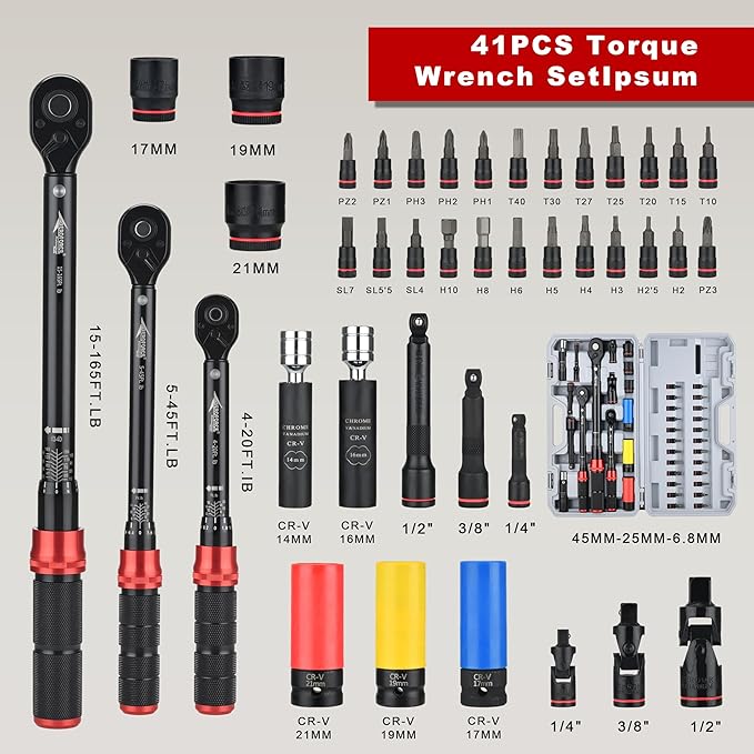 AEROFORCE 1/4 & 3/8 & 1/2-inch Drive Click Torque Wrench, 41Pcs Torque Wrench Set with Sockets and extensions, Hex, Torx, magnetic Spark Plug for Car, Motorcycle, Bike Repair