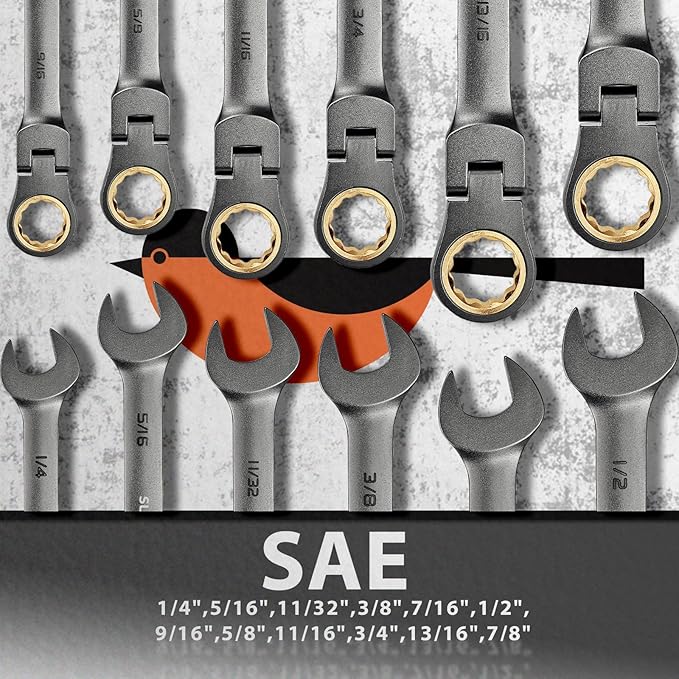 SUZUME 12-Piece (1/4??7/8?? Flex Head Ratcheting Wrench Set 72 Teeth Sae Ratcheting Wrench Set Black Nickel Coating Ratchet Wrenches Set with 180째 Flex Head For Bicycles, Cars,Motorcycle