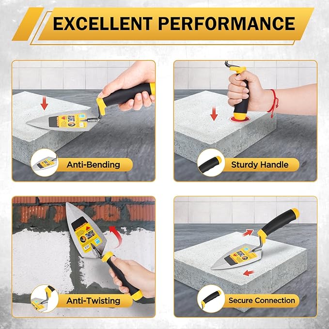 3 Pcs Masonry Tool Set, 6" Pointing Trowel & 11"x4" Carbon Steel Flat Finishing Trowel with Soft Grip Handles Concrete Drywall Tile and Plastering Tools for Contractors DIY
