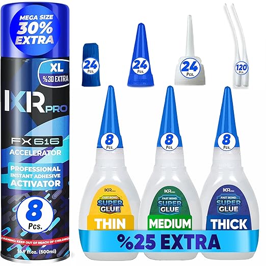 CA Glue with Activator Kit (24x1.75 oz. Thin-Medium-Thick + 8x16.9 fl.oz.) Cyanoacrylate Glue and Activator, Super Glue Accelerator, Super Glue for Wood, Woodworking, Plastic, Guitar, 3D Printing