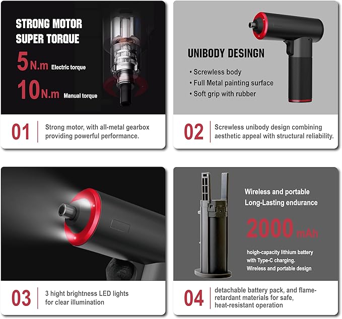 Electric Cordless Screwdriver Set, 4V Rechargeable Screw Gun with 12 Drill Bits, Screwdriver Kit with LED Light, Separable Battery Pack with USB Charging Cable for Home, DIY, Repair