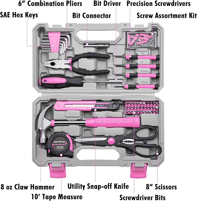 CARTMAN 126-Piece Home Tool Set Kit, Basic Household Hand Tools with Storage Case Pink