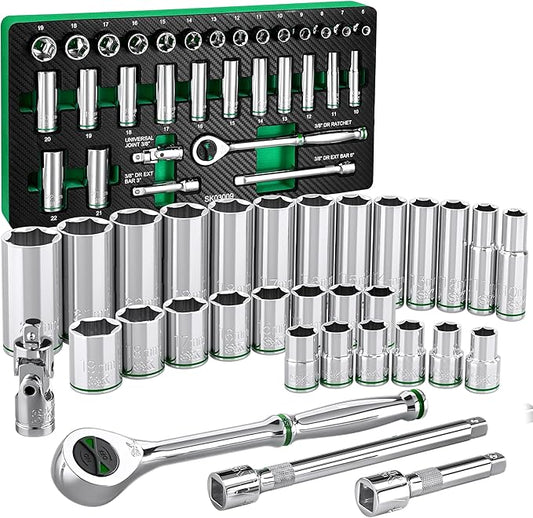 SK 3/8" Drive Socket Set with 160-P Ratchet, 31-Piece, Metric, SuperKrome Finish, Premium CR-V Construction, with EVA Foam Tool Organizer