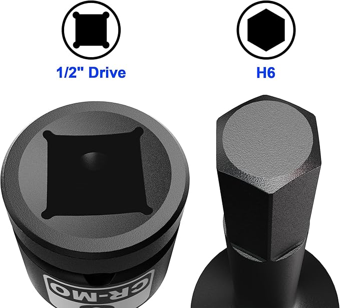 1/2" Drive 6 mm Hex Impact Bit Socket, H6 Allen Bit Socket, Metric, Cr-Mo Steel, Automotive Repair Industrial Maintenance and DIY Enthusiasts Alike