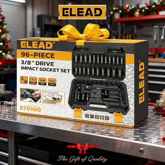 ELEAD 3/8" Drive Impact Socket Set, 96-Piece Deep & Shallow Socket Set Metric and Standard Full with Adapters, Ratchet Handle, Universal Joint, Extension Bar, Screwdriver Bit Sets, Spark Plug Sockets