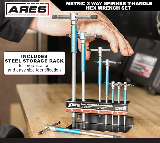 ARES 44001 ??8-Piece Metric T-Handle Hex Key Set ??3-Way Spinner Wrenches with Sliding Handle ??2mm to 10mm