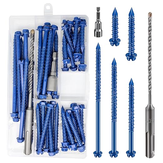 Wensilon(70 PCS) 3/16" Slotted Hex Concrete Screws Anchor Kit Blue Hexagon Head for Anchoring to Masonry, Block or Brick Stucco