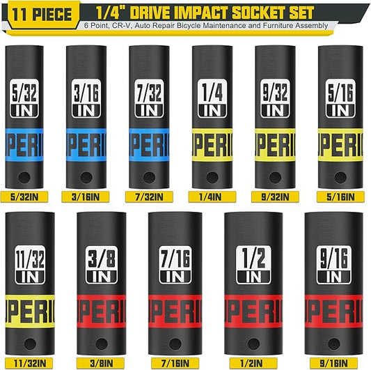 11 Piece 1/4" Drive Impact Socket Set, 5/32" - 9/16" Deep Socket, SAE, 6 Point, CR-V, Auto Repair Bicycle Maintenance and Furniture Assembly