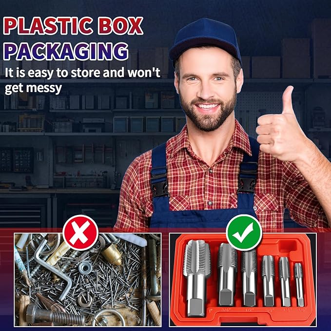 FANOVO 6pcs NPT Pipe Tap Set, Precision Carbon Steel NPT Threading Plumbing Tap Tap Plastic Case Kit with 1", 3/4", 1/2", 3/8", 1/4", 1/8" NPT Tap, for Plumbers Mechanics DIYers Clean Accurate Threads