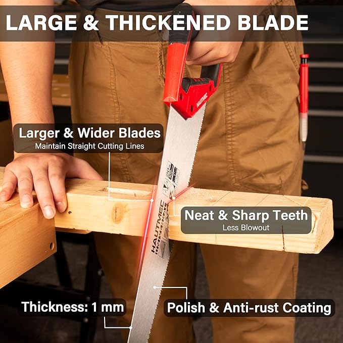 HAUTMEC 14" X-Sharp Compact Hand Saw for Cuts Comfort, Quality and Accuracy, Fine-Cut Handsaw with 12 TPI Triple-Ground Teeth and 1mm Thickened Large Blade, Bi-Material Ergonomic Handle – HT0295
