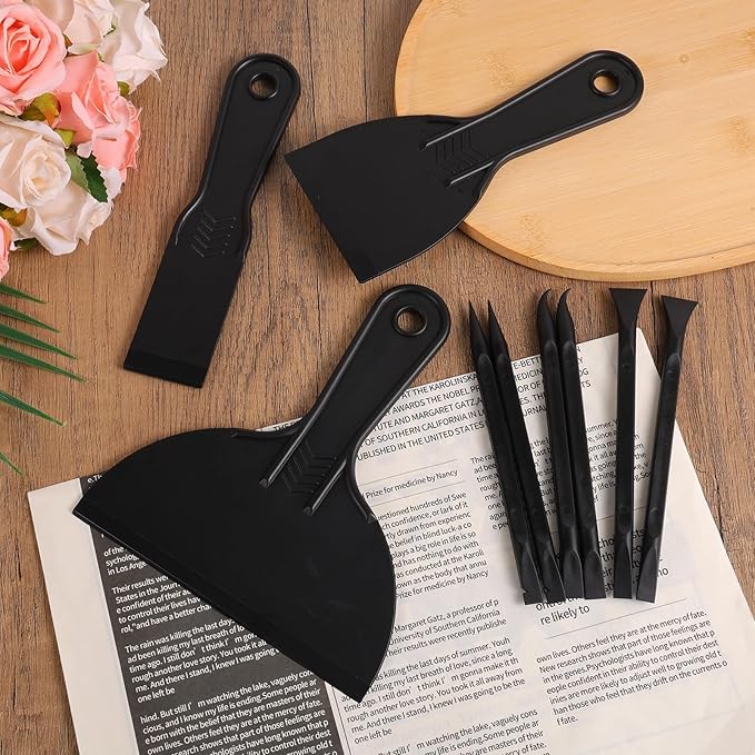 12pcs Plastic Putty Knife Set, Spackle Tool, Include 6 Black Flexible Putty Scraper and 6 Detail Scraper for Repair Spackling Patching Plastering and Painting