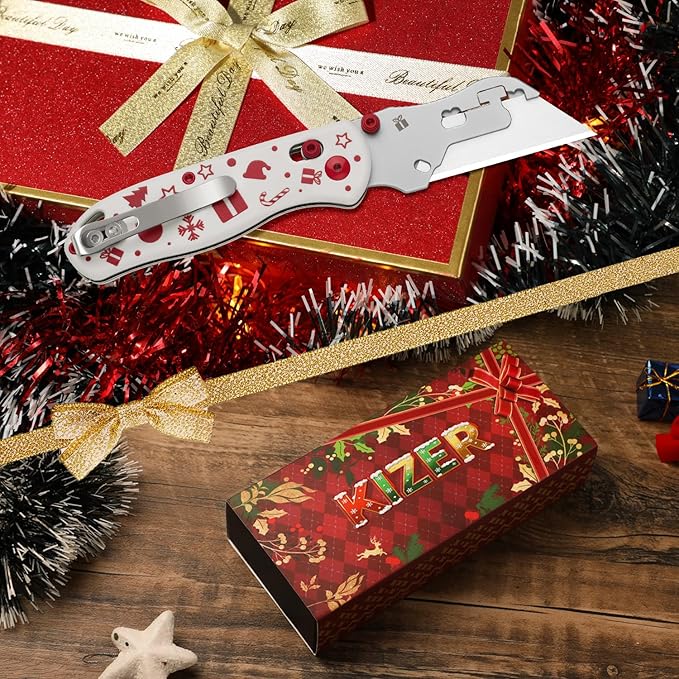 Kizer Uti Bear(Tool-Free Version) Folding Utility Knife, Quick Change Box Cutter EDC knife with G10 Handle, 5PCS Razor Blades, Clutch Lock Small Pocket Knives for Men Women Christmas Gift V3619JMC2