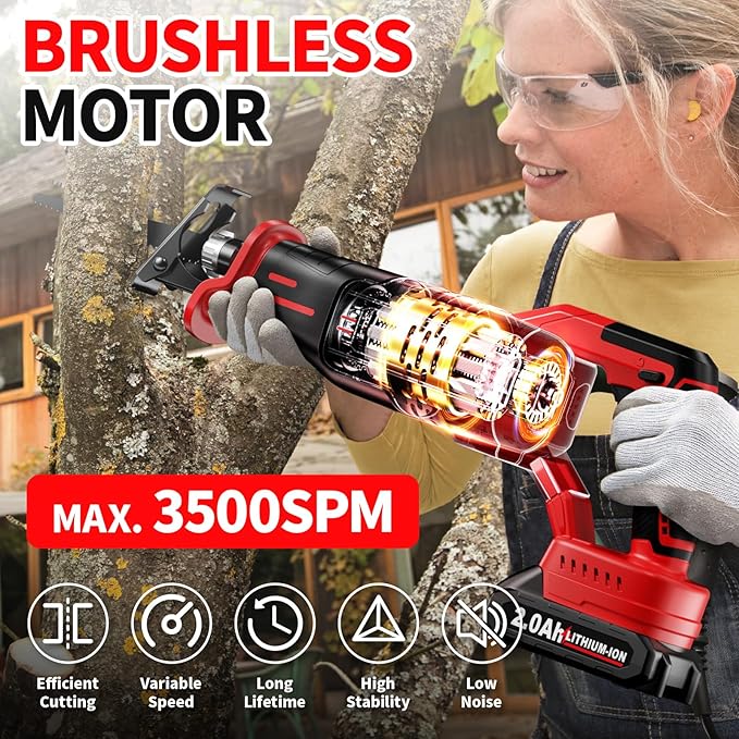 Reciprocating Saw Cordless, Brushless Recipro Saw 0-3500 SPM, Cordless Saws with 2 * 2.0Ah Battery & 4 Blades, Battery Powered Reciprocating Saws for Wood/Metal/Plastic Cutting