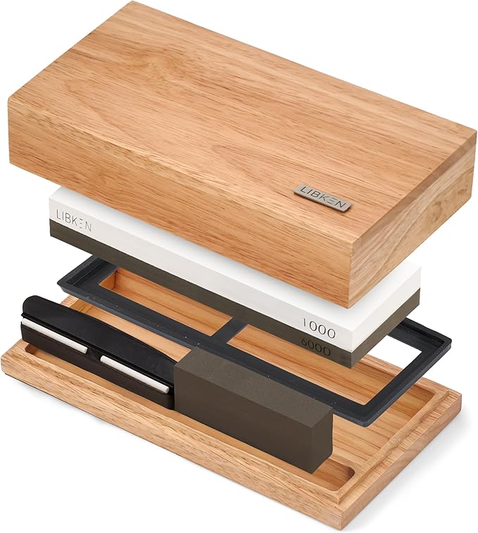 Whetstone Knife Sharpening Stone Kit 1000/6000 Grit with Wooden Box ??Wet Stone Sharpener Set for Kitchen Knives, BBQ, Hunting, Pocket, Scissor, Blade, Razor ??Angle Guide & Flattening Stone