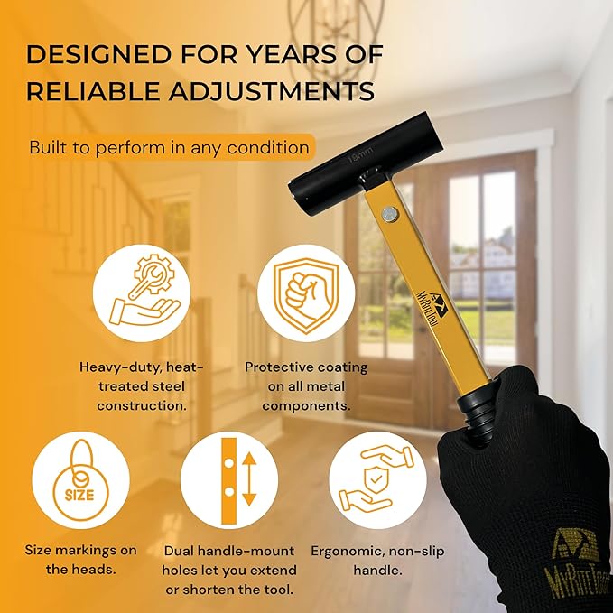 MyRiteTool Door Hinge Adjustment Tool Kit. 4-in-1 Precision Hinge Gap Wrench for Door Alignment, Sagging Door Repair & Installation, Reinforced Steel, Adjustable Handle Length, Gloves + Storage Case