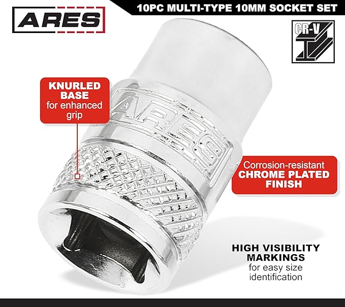 ARES 39020 ??10-Piece Multi-Type 10mm Socket Set ??Premium Chrome Vanadium Socket Set Includes Shallow and Deep Metric Sockets ??1/4-Inch and 3/8-Inch Drive Sockets with High Visibility Markings