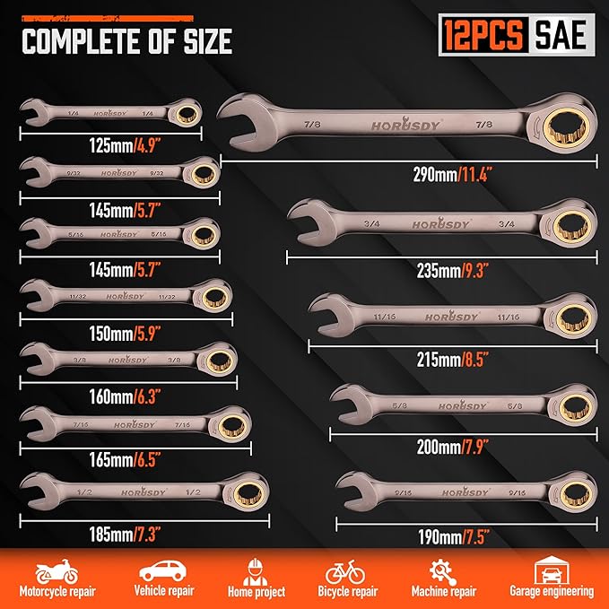 HORUSDY 12-Piece SAE Ratcheting Wrench Set | 1/4??to 7/8??| Ratchet Combination Wrenches Set with Organizer | 72-Teeth | Chrome Vanadium Steel