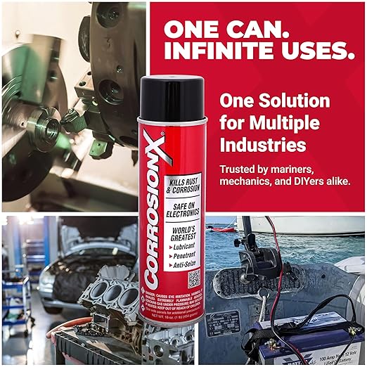 CorrosionX Rust Inhibitor, Industrial-Strength Dielectric Corrosion Prevention, Lubricant & Penetrant for Marine, Automotive, Electronics & RV Use, Protects Bolts, Cables, Engines, 4oz Applicator