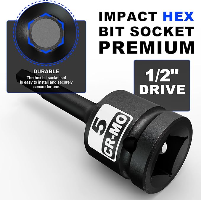 1/2" Drive 5 mm Hex Impact Bit Socket, H5 Allen Bit Socket, Metric, Cr-Mo Steel, Automotive Repair Industrial Maintenance and DIY Enthusiasts Alike