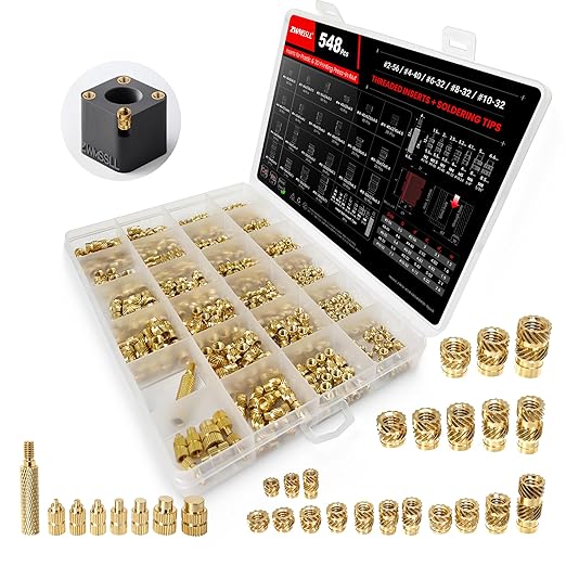 #2-56#4-40#6-32#8-32#10-24 Threaded Inserts-548 Pieces Assortment Kit+8xSoldering Tips for Heat-Set Insert,Brass Knurled Nuts for 3D Printing Components and Plastic Parts