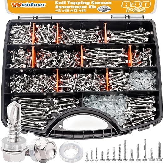 weideer 840pcs #8#10#12#14 Self Tapping Screws for Metal,410 Stainless Steel Screws Assortment Kit, Hex Washer Head Quick Tapping Self Drilling Screw with Rubber Washer (420 Sets) K-189