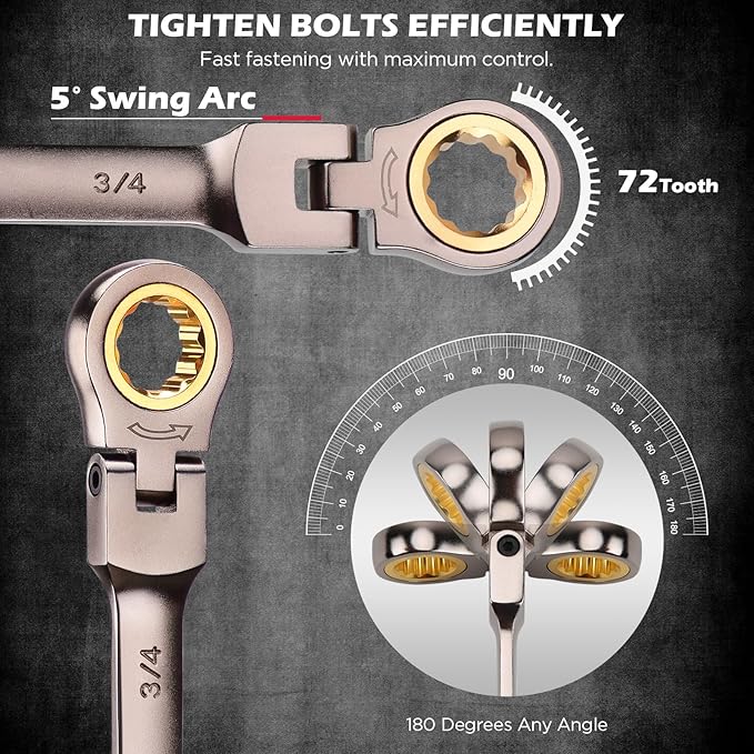 SEDY Premium 12-Piece SAE Flex-Head Ratchet Wrenches Set 1/4"-7/8" with Magnetic Organizer, Cr-V Steel Ratcheting Wrench Set with 72 Teeth 180째 Flex Head, Ratchet Combination Wrench Set for Repair