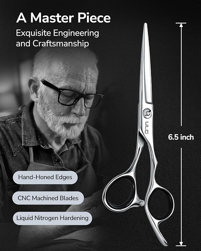 ULG Professional Hair Cutting Scissors 6.5 Inch ??Japanese Stainless Steel Barber Shears for Salon & Home Haircut, Ergonomic Offset Handles with Silencer, Hand-Honed Sharp Blades, Silver