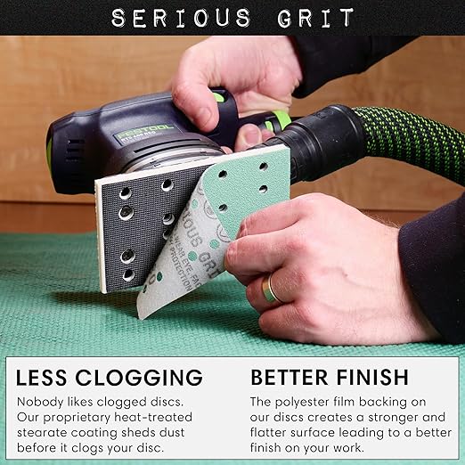 Serious Grit - 3" x 5" (80mm x 133mm) 14-Hole 320 Grit Sanding Sheets - Fits Festool RTS 400 & Mirka Deos 353 - Heavy-Duty Hook & Loop Film Abrasives - Sandpaper for Sheet Sanders - 50 Pack Box