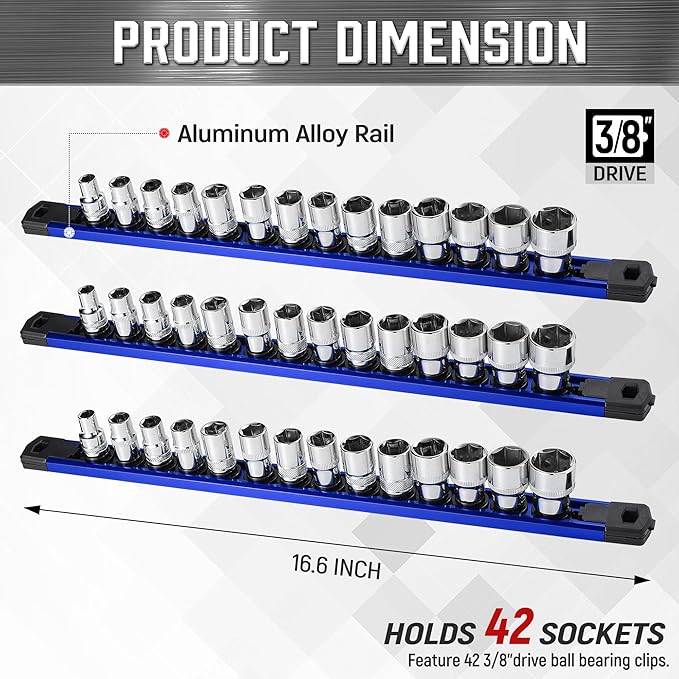 ALOANES 3-Piece Magnetic Socket Organizer, Heavy Duty Aluminum Socket Rails Organizer, 360째 Swivel Clips Socket Rail Set For Sockets Storage, 3/8-Inch Socket Holder x 42 Clips (Blue)