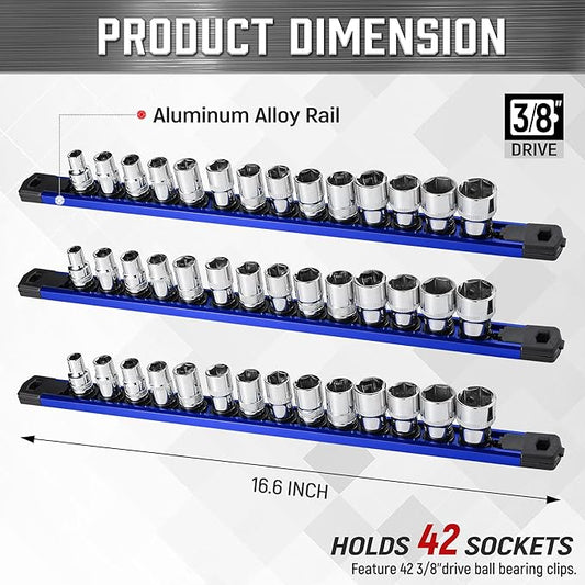 ALOANES 3-Piece Magnetic Socket Organizer, Heavy Duty Aluminum Socket Rails Organizer, 360째 Swivel Clips Socket Rail Set For Sockets Storage, 3/8-Inch Socket Holder x 42 Clips (Blue)