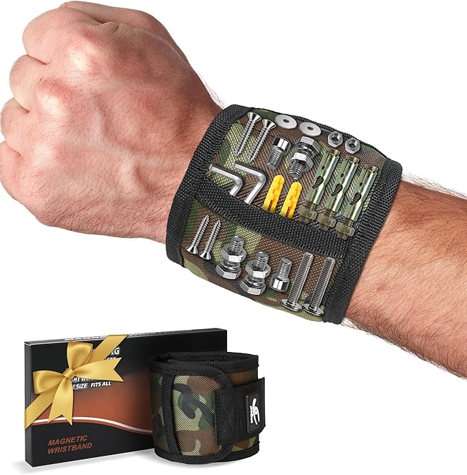 HiRui Magnetic Wristband for Tools ??Ultra-Strong 15 Neodymium Magnets Hold Screws, Nails & Bits, Dual Pockets ??Hands?멑ree for DIY, Home Repairs, Auto ??Gift?멢eady for Dad, Husband, Grandpa (CAMO)