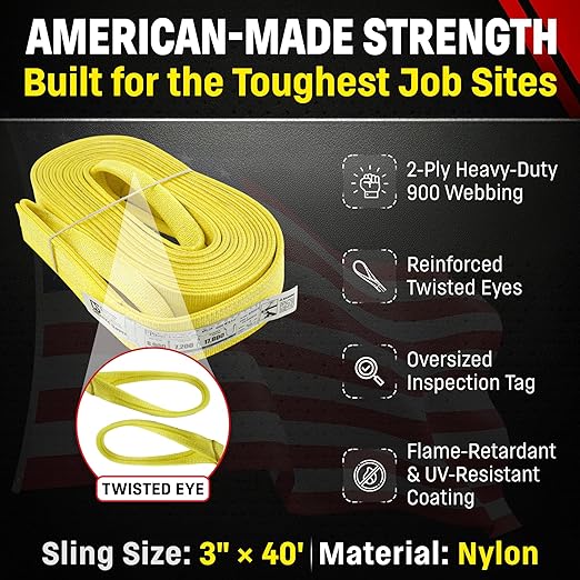 DD Sling 3 Inch x 40 Foot Nylon Lifting Sling – USA Made, 8,900 lb Vertical, 7,200 lb Choker, 17,800 lb Basket – 2-Ply Heavy Duty 900 Webbing, Type 4 Twisted Eye & Eye Rigging Sling