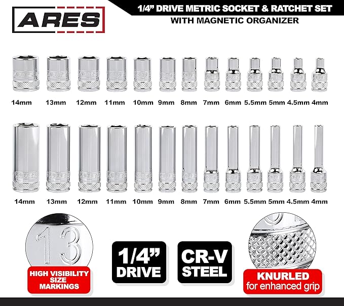 ARES 47003-28-Piece 1/4-inch Drive Metric Socket and 90-Tooth Ratchet Set with Magnetic Organizer - Sizes 4mm to 14mm Deep and Shallow Sockets