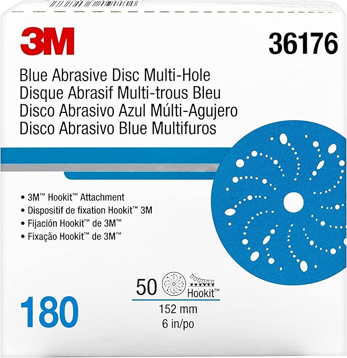 3M Hookit Blue Abrasive Disc 321U Multi-Hole, 36176, 6 in, 180, 50 Discs
