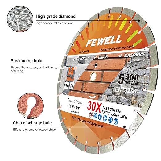 FEWELL14 Inch Diamond Concrete Saw Blade,15mm Segment General Purpose Blade Dry/Wet Cutting Concrete Masonry Brick Block Stone with a 1"-20mm Adapter