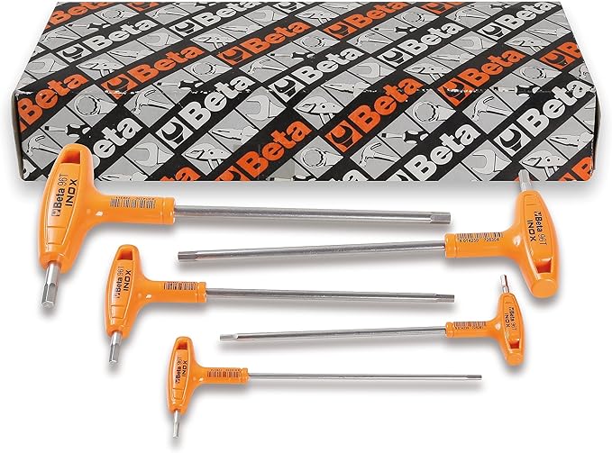 Beta 96TINOX Stainless Steel Metric T-Handle Hex Key Wrench Set 2.5-6mm | High Torque Ergonomic Allen Wrench with Dual Hex Tips | Drop Prevention Hole | Industrial Strength | Made in Italy