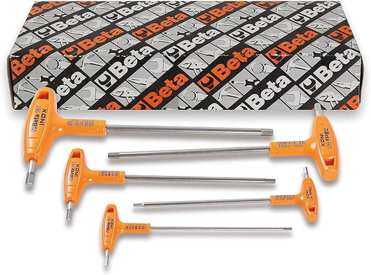 Beta 96TINOX Stainless Steel Metric T-Handle Hex Key Wrench Set 2.5-6mm | High Torque Ergonomic Allen Wrench with Dual Hex Tips | Drop Prevention Hole | Industrial Strength | Made in Italy