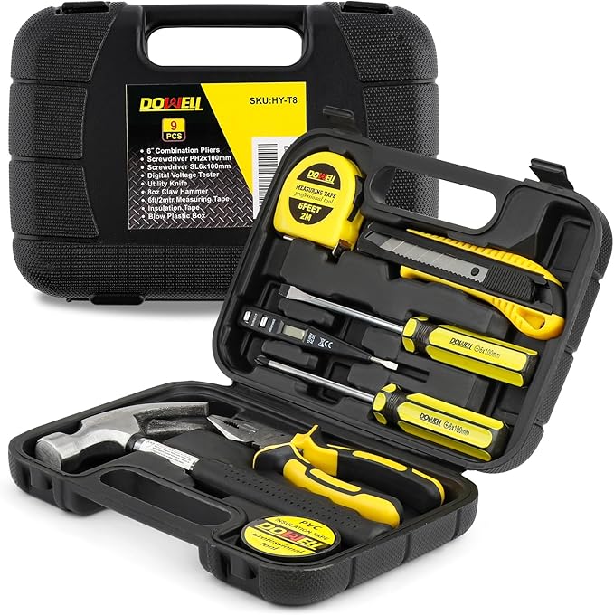 DOWELL Small Homeowner Tool Set 9 Pieces General Household Small Hand Tool Kit with Plastic Tool Box Storage Case
