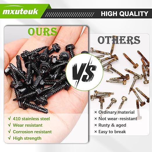 mxuteuk 165PCS #8#10 Self Tapping Screws,410 Stainless Steel Self Drilling Screws,Black Zinc Plated Hex Washer Head Sheet Metal Screws Suitable for Wood, Metal or Tough Materials