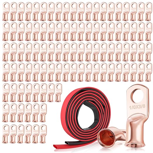 XHF 100PCS 1/0 AWG-3/8 Heavy Duty Battery Lugs with 3:1 Heat Shrink Tubing, Ring Terminals Battery Cable Ends Copper Eyelets Electrical Battery Connectors