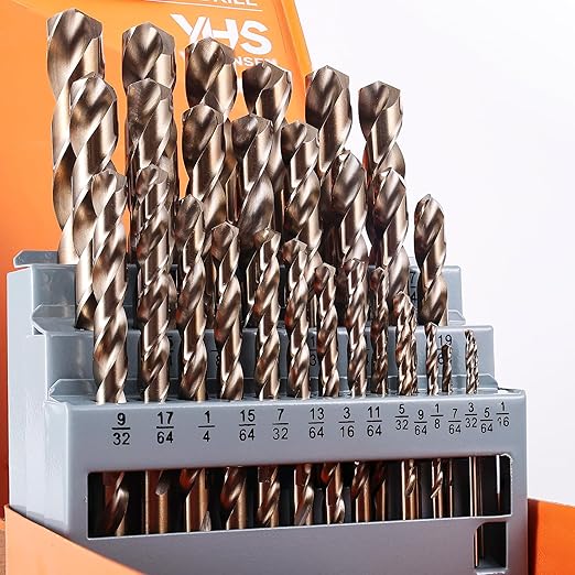 29Pcs Cobalt Drill Bit Set (1/16''-1/2''), M35 High Speed Steel, Twist Jobber Length for Hardened Metal, Stainless Steel, Cast Iron, Wood, and Plastics, with Metal Index Storage Box