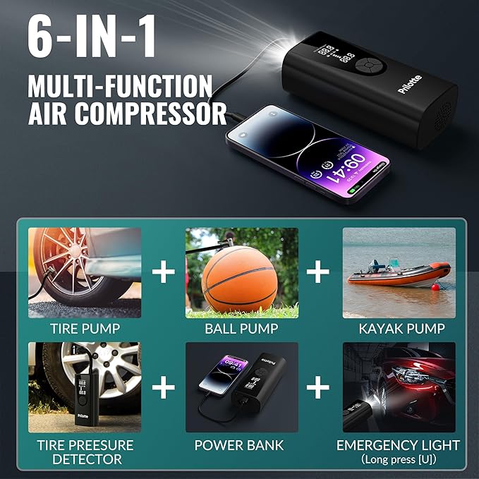 Tire Inflator Portable Air Compressor-Car Tire Air Pump Portable-180PSI Cordless Electric 3X Fast Inflation, Tire Inflator with Gauge, LED, for Bike, Motorcycle, Ball