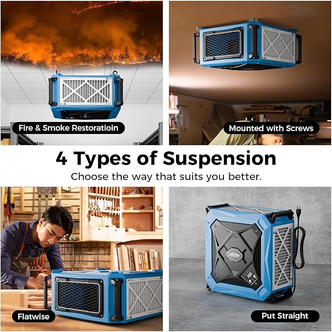 ALORAIR Hanging 270째 Intake Air Filtration Systems Woodworking Remote Control, 2 Stage Air Flow(780/1080CFM) Strong Vortex Fan, Ceiling Mounted Dust Collector for Garage, Work Shop, Purecare 1080