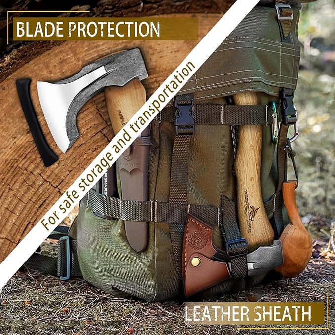 Purple Dragon Camping Hatchet 14.7 Inch Hand Forged Splitting Axe - Outdoor Wood Splitting Chopping & Carving Tool with Leather Sheath Bushcraft Survival Wooden for Men and Women
