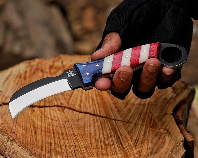 Handmade Steel Lineman’s Hawkbill knife with Leather sheath, Heavy Duty Utility Knife blade Electrician Wire Skinning knife for professional. (Red,White&Blue)